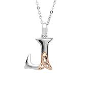 Silver celtic initial J pendant with rose gold plated trinity detail 18" chain