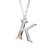 Silver celtic initial K pendant with rose gold plated trinity detail 18" chain