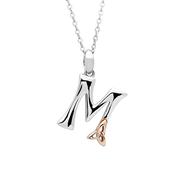 Silver celtic initial M pendant with rose gold plated trinity detail 18" chain