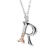 Silver celtic initial R pendant with rose gold plated trinity detail 18" chain