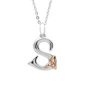 Silver celtic initial S pendant with rose gold plated trinity detail 18" chain