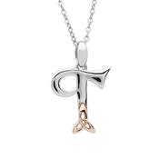 Silver celtic initial T pendant with rose gold plated trinity detail 18" chain