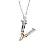 Silver celtic initial V pendant with rose gold plated trinity detail 18" chain