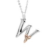 Silver celtic initial W pendant with rose gold plated trinity detail 18" chain