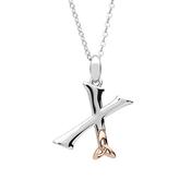Silver celtic initial X pendant with rose gold plated trinity detail 18" chain