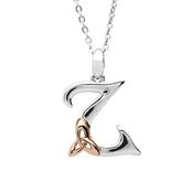 Silver celtic initial Z pendant with rose gold plated trinity detail 18" chain