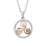Silver CZ circle pendant with rose gold plated newgrange spiral  18" chain