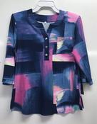 White Cloud Ladies  3/4 Sleeve Top 3 Button Neck WC0235 Blue Purple Brush Strokes Block Print image