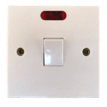 Powermaster Single Gang Double Pole 20 Amp Switch with Neon Indicator - White Plastic, Flush Mount, 87x87mm