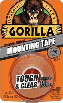 Gorilla Double Sided Mounting Tape Clear, Tough & Clear, Indoor & Outdoor, 25.4mm x 1.52 metre