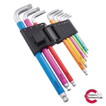 Faithfull 9 Piece Allen Hex Key Set Colour Coded S2 Stainless Steel Ball End Design