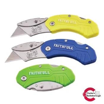 Faithfull Folding Utility Knife - Hi-Vis Yellow, Blue, Green - Lock Back, Quick Release Blade, Belt Clip, Lanyard Hole