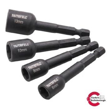 Faithfull 4 Piece Impact Nut Driver Set 6mm 8mm 10mm 13mm 1/4" Hex Shank Black Phosphate Finish