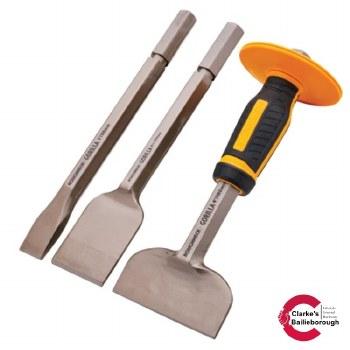 Roughneck Bolster and Chisel Set with Non-slip Grip in Wallet - Chrome Vanadium Steel, Includes 3 Chisels & Hand Guard, Hexagonal Shaft, Yellow/Black Grip, Orange Guard
