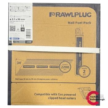 Rawplug 3.1x90mm Galvanised Smooth Collated Nails 1st Fix 2000-2200 Pack with 2 Fuel Cells Diamond Point Clipped Head Blue Coating