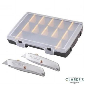 Stanley Trimming Knife Twin Pack with 50 Spare Blades, Die-cast metal body, Comfortable Grip, Organiser Included