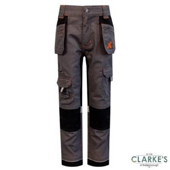 Xpert Pro Junior Stretch Work Trousers Grey Size 3-4 Years with Holster Pockets, Reinforced Knees, Reflective Detailing