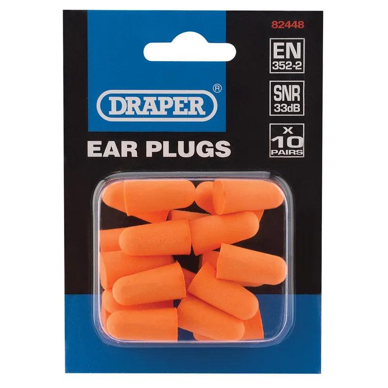 Draper Ear Plugs Foam 20pc SNR 33dB EN352-2 Orange Tapered design