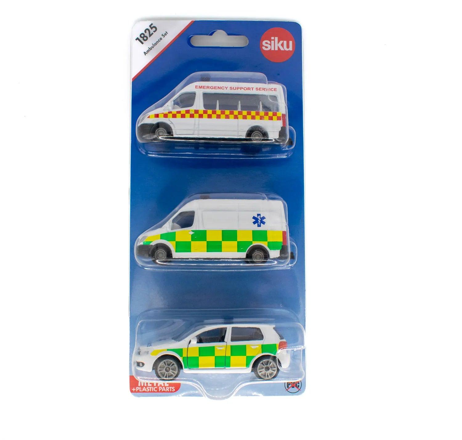 Siku Ambulance Vehicles Gift Set - Die-cast Metal and Plastic Parts, 3+ Years, Detailed Models, Blue Lights, Green/White Checkered Pattern, Red/White Stripes