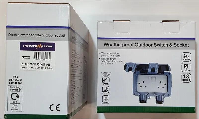 Powermaster 2 Gang Outdoor Switched Socket IP66 Rated 13A Individually Switched High Impact Polycarbonate Weatherproof Dustproof for Garden Workshop Commercial Use