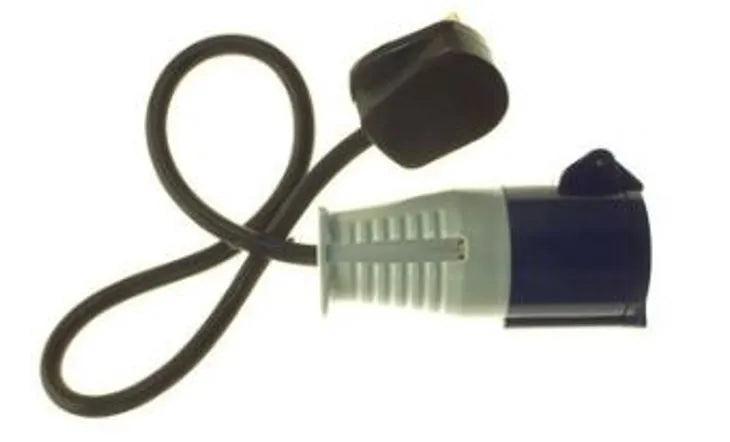 PowerMaster 16 Amp Blue Socket with 13 Amp Plug Top Adapter - Converts 13A Plug to 16A Blue Socket - Black Cable, Grey Connector, Blue Socket, Black Plug