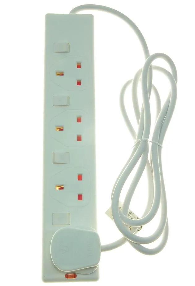 PowerMaster 4 Gang Extension Lead Switched 2 Meter White Cable Plug