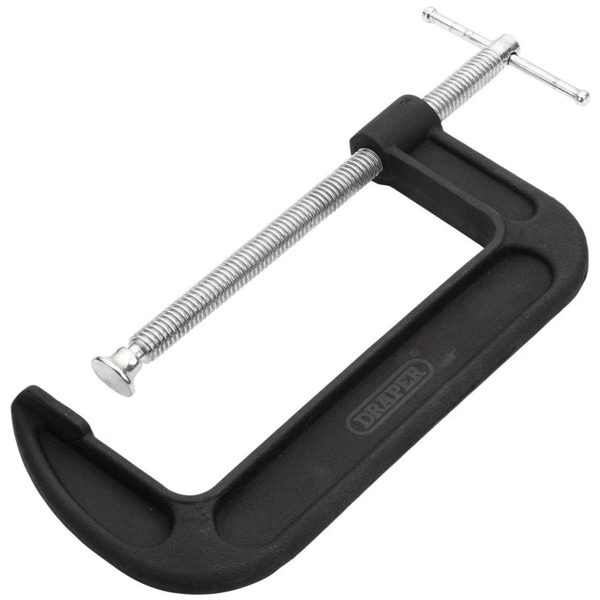 Draper 200mm Heavy Duty G Clamp Malleable Cast Iron Powder Coated Frame Silver Screw Tommy Bar Handle Swivel Shoe 80mm Throat Depth 612kg Clamp Pressure