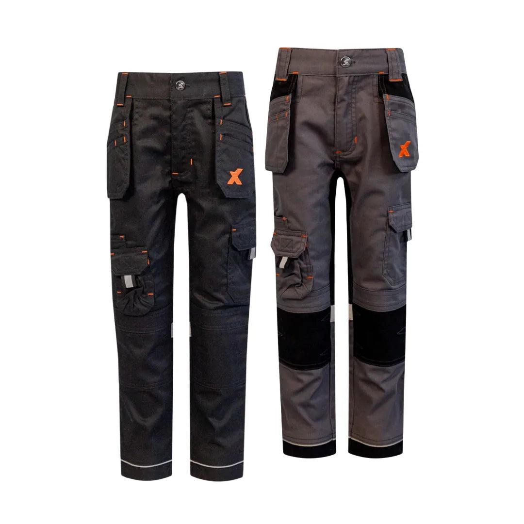 Xpert Pro Junior Stretch Work Trousers Grey Size 3-4 Years with Holster Pockets, Reinforced Knees, Reflective Detailing