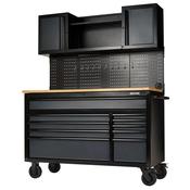 BUNKER 56" Mobile Workstation with 10 Drawers, Hardwood Worktop, and Pegboards - Grey image