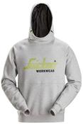 Snickers Logo Hoodie – Grey Melange, Comfortable High-Collar Hoodie with Kangaroo Pockets - X-Large