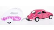 Welly Pink VW Beetle with Caravan | 21cm Die-Cast Model | Classic Collectible image