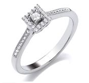 9ct White Gold Princess Cut With Halo And Bead Shoulders Diamond Ring .10pts image