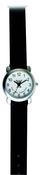 Boys watch with black leather strap with full figure dial in a chrome case. Comes in a prayer book presentation box. image
