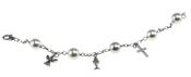Silver pearl bracelet with an angel, a chalice and a cross charm. image
