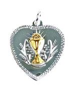 Silver heart shaped disc with gold coloured chalice with chain. image
