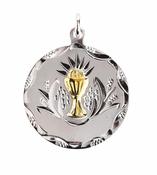 Silver round disc with gold coloured chalice with chain. image