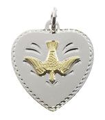 Silver Confirmation heart shaped disc with embossed gold coloured dove necklace. image