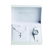 Silver necklace with six claw set CZ cross and white leather strap Communion watch with full figure dial.