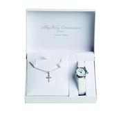 Silver necklace with corner CZ cross and white leather strap Communion watch with full figure dial.