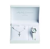 Silver necklace with baquette style CZ cross and white leather strap Communion watch with full figure dial.