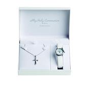 Silver necklace with five CZ set in cross and white leather strap Communion watch with full figure dial.