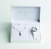 Silver necklace with plain cross pendant and white leather strap Communion watch with full figure dial.