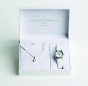 Silver necklace with round drop CZ and white leather strap Communion watch with full figure dial. In presentation box.