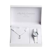 Silver necklace with drop teardrop shaped CZ pendant and white leather strap Communion watch with full figure dial. In presentation box.