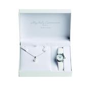 Silver necklace with fresh water pearl pendant and white leather strap Communion watch with full figure dial. In presentation box.