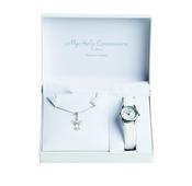 Silver necklace with angel pendant and white leather strap Communion watch with full figure dial. In presentation box.