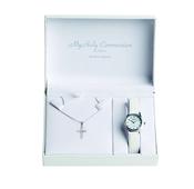 Silver necklace with claw set CZ cross and white leather strap Communion watch with full figure dial.