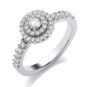 9ct Yellow Gold Ring With Brilliant Cut Diamond Set In A Double Halo Ring, With Stone Set Shoulders.  50pt image