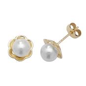 9CT YEL GOLD PEARL FLOWER STUD EARRINGS SET IN A FLOWER 5.5MM PEARL image