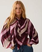 Summum Plum &amp;amp; Blush Pink Diagonal Stripe Print Blouse With Bow Tie image